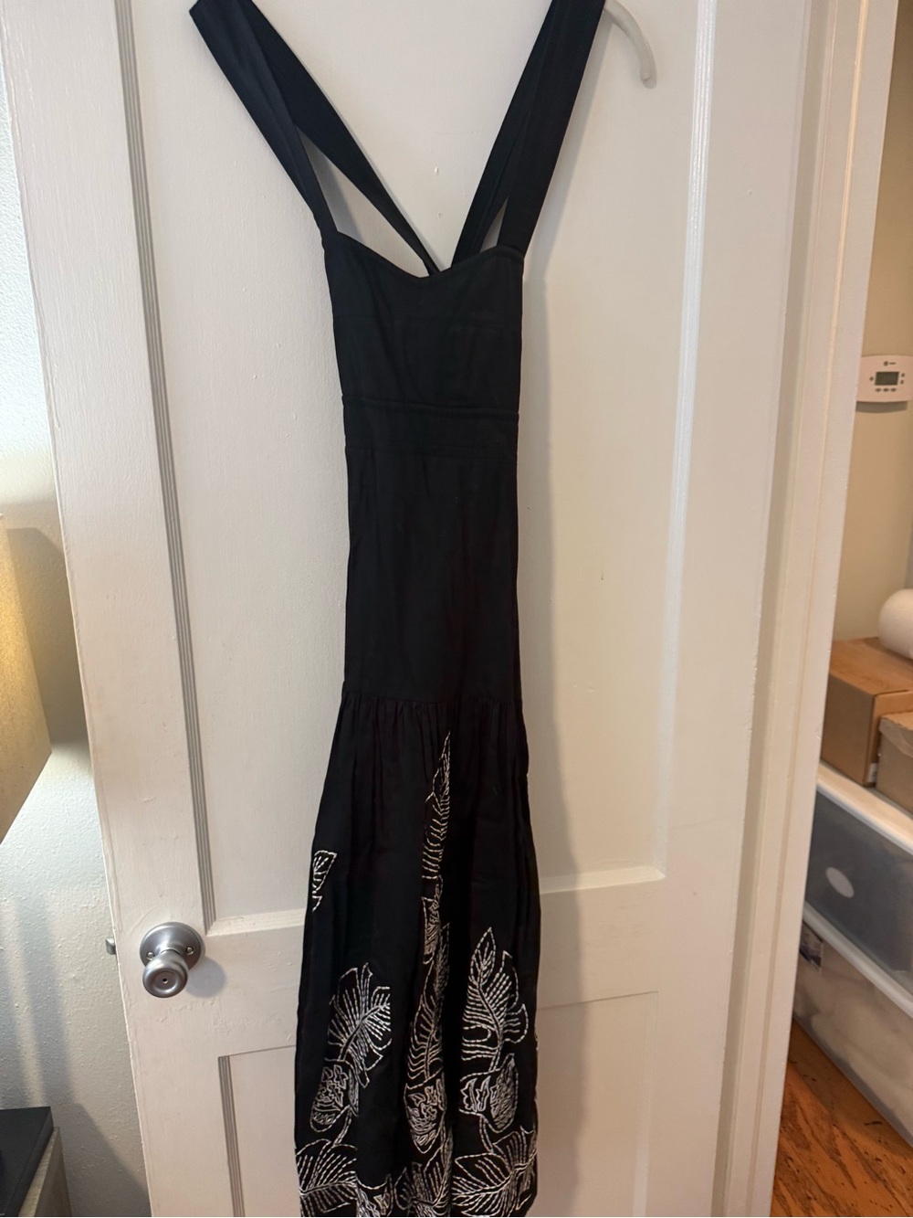 Karina Grimaldi Black Maxi Dress with White Leaf Embroidery
